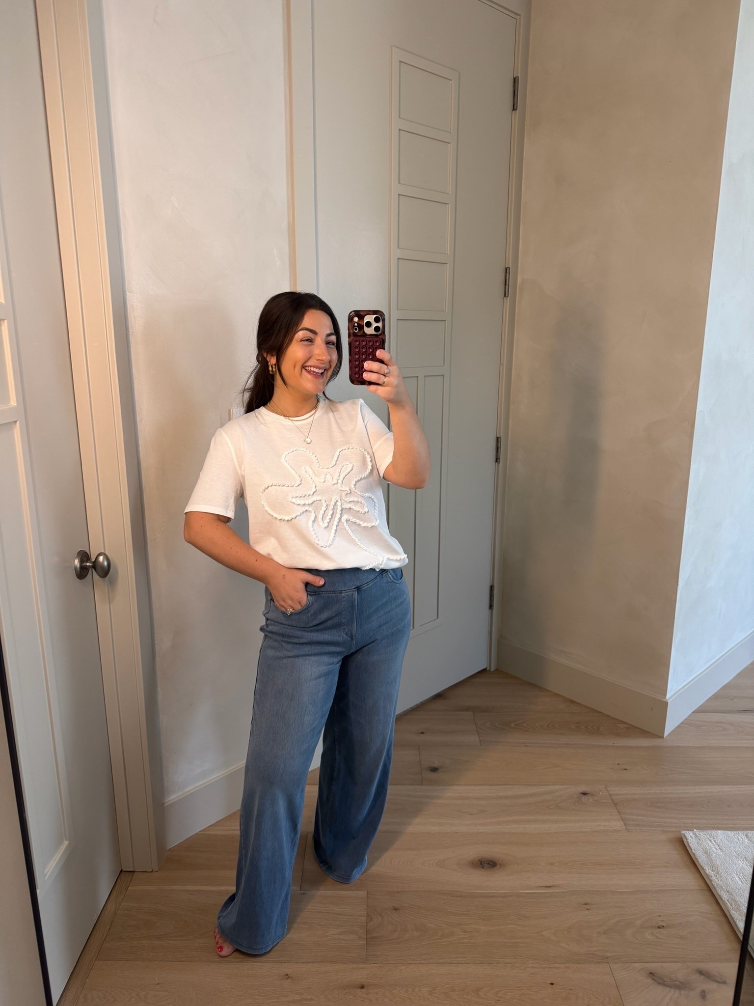 Love this outfit combination! White tee and light wash jeans! 

White floral tee size small
Pull on denim size medium petite 
The most comfortable pair of pants! 

5’0” 140lbs 
Petite friendly

#LTKootd #LTKSaleAlert #LTKPetite