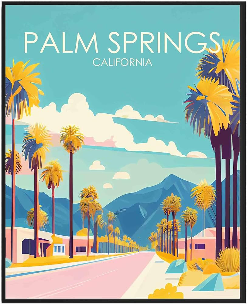 Palm Springs Poster Art Print, California Retro City Mountain and Lake Landscape Artwork, Wall Ar... | Amazon (US)