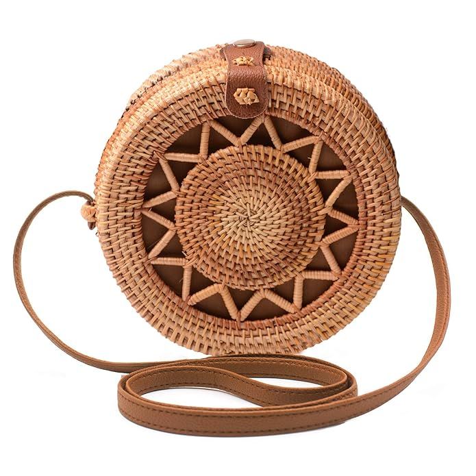 Handwoven Round Rattan Bag Shoulder Leather Straps Natural Chic Hand Gyryp | Amazon (US)