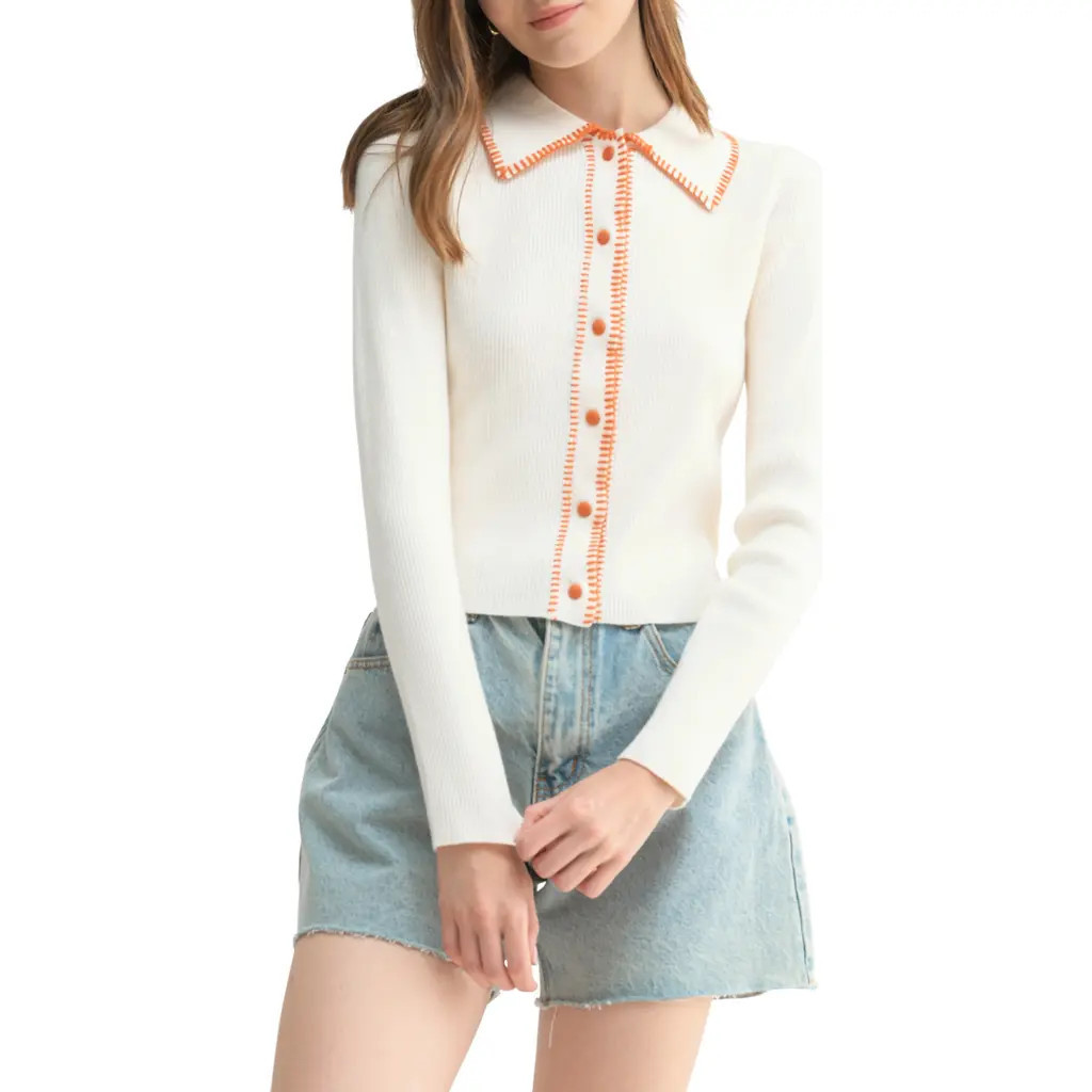 All in Favor Rib Contrast Stitch Cardigan in Cream Rust at Nordstrom, Size Small | Nordstrom