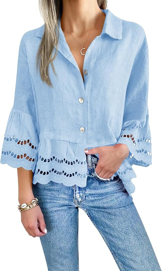 Cicy Bell Womens 3/4 Bell Sleeve Button Down Shirts Casual Ruffle Hem Tops Eyelet Blouse | Amazon (US)