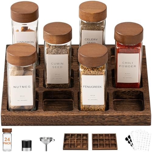 Yangbaga 24Pcs Glass Spice Jars with Labels-4oz Acacia Wood Lid Square Spice Containers and 2pcs ... | Amazon (US)