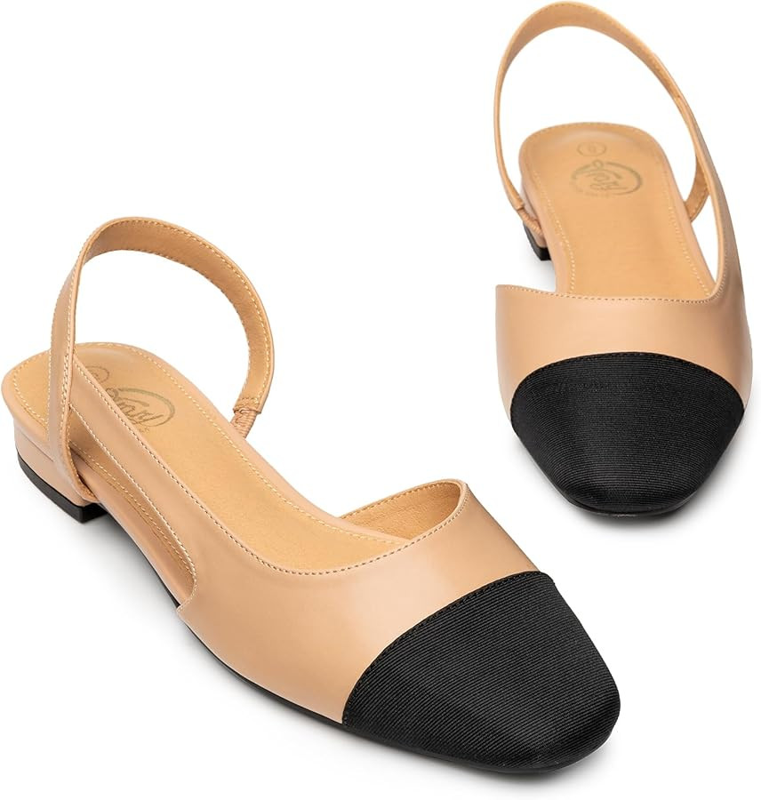 Trary Slingback Flats for Women, Black Dressy Comfortable Round Square Toe Shoes, Work Office Cas... | Amazon (US)