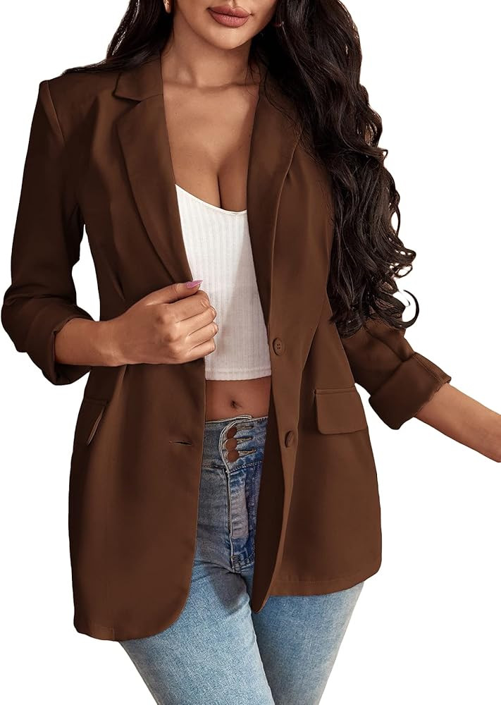 Floerns Women's Solid Notched Lapel Long Sleeve Single Breasted Blazer Jacket | Amazon (US)