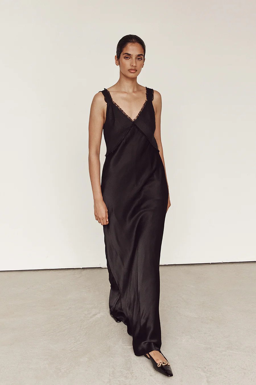 ELIAS BLACK SATIN LINEN MIDI DRESS | DISSH