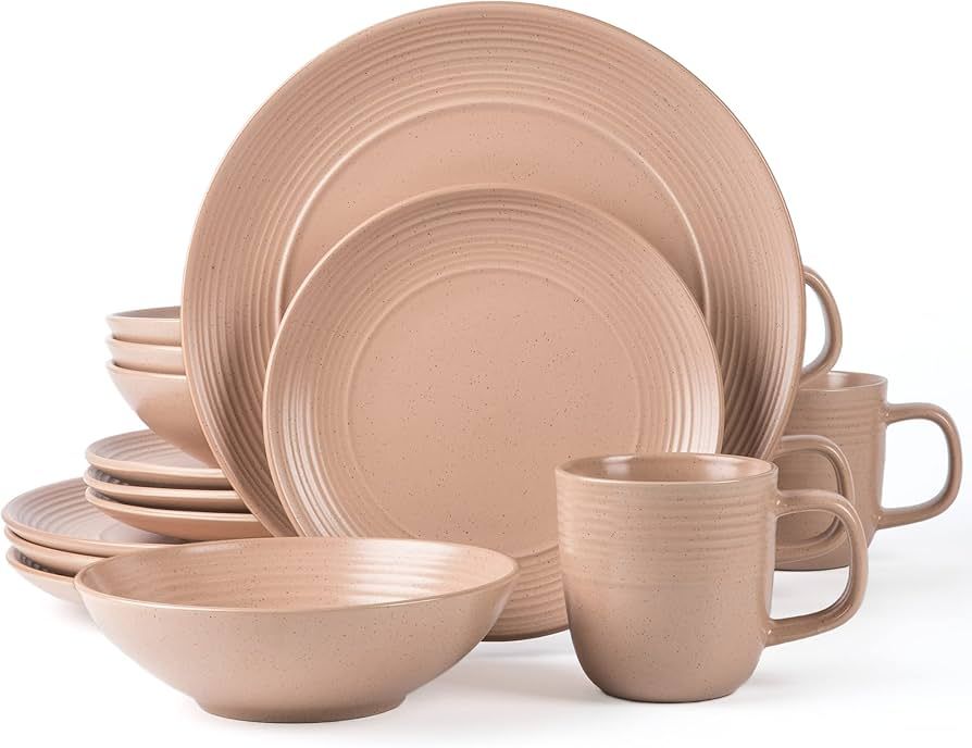 Arora RINGAR Round Stoneware 16pc Dinnerware Set of 4, Dinner Plates, Side Plates, Cereal Bowls, ... | Amazon (US)