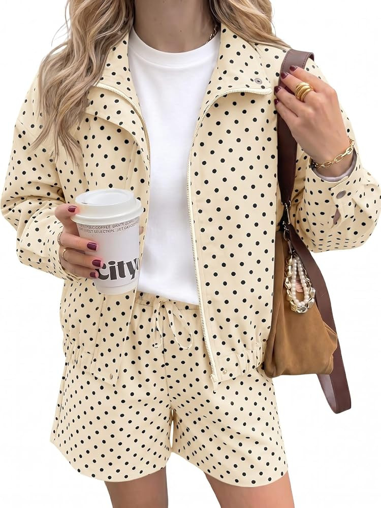 Tankaneo Womens Polka Dot 2 Piece Sets Zip Up Cropped Jackets Shorts Set | Amazon (US)