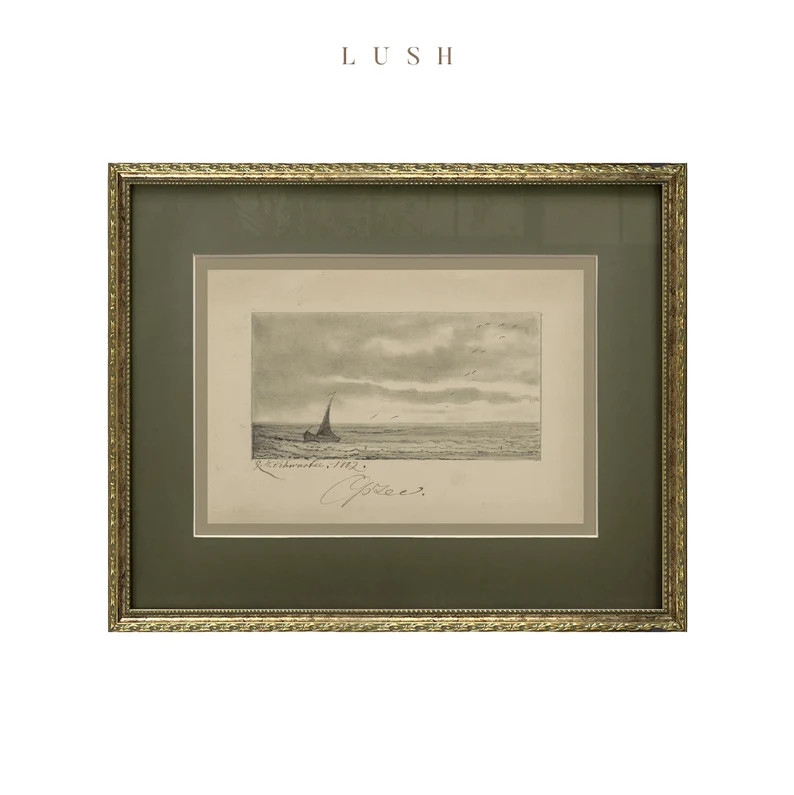 Seascape Framed Sketch Art, Vintage Framed Wall Art, Sage Green Matted, Antique Sailboat Drawing,... | Etsy (US)