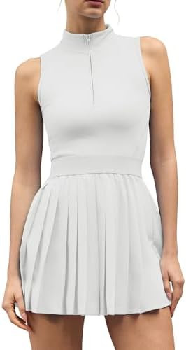 QINSEN Womens Zip Front Tennis Dress High Neck Pleated Sleeveless Two Pieces Golf Athletic Dress ... | Amazon (US)