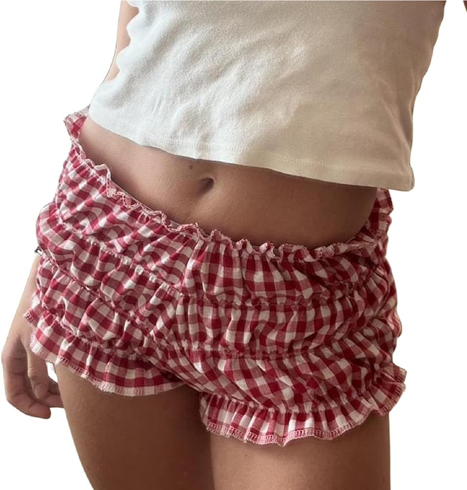 Cute Bloomers Shorts for Women Y2k Ruffle Gingham Bottoms Low Rise Lounge Boy Shorts Plaid Mini P... | Amazon (US)