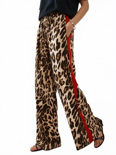 LIWEIKE Women's Leopard Print Pants Drawstring Color Block Side Striped Pants Y2K Cheetah Wide Leg Trousers with Pockets (US, Alpha, X-Large, Regular, Regular, Yellow) | Amazon (US)