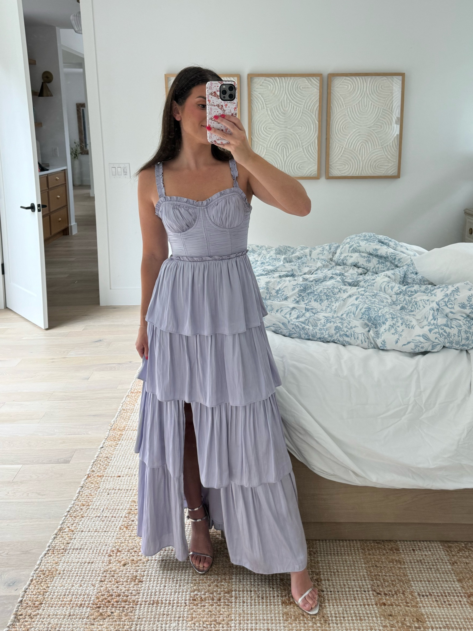 Adjustable straps, perfect length with heels. More of a shiner purple/ silver in person… seriously so beautiful 