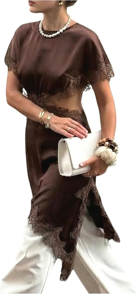 SOLY HUX Women's Lace Cutout Satin Mini Dress Short Sleeve Cocktail Going Out Dresses | Amazon (US)