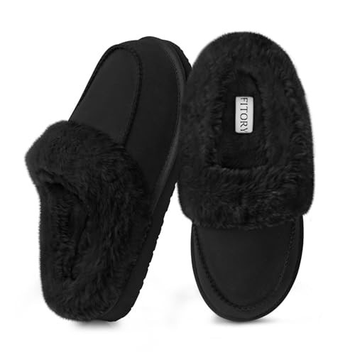 FITORY Women’s Winter Faux Fur Slippers，Easy to Wear Plush House Shoes Black Size 11 | Amazon (US)