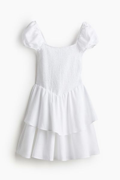Tiered-skirt Smocked Dress - Square Neckline - Short sleeve - White - Ladies | H&M US | H&M (US + CA)