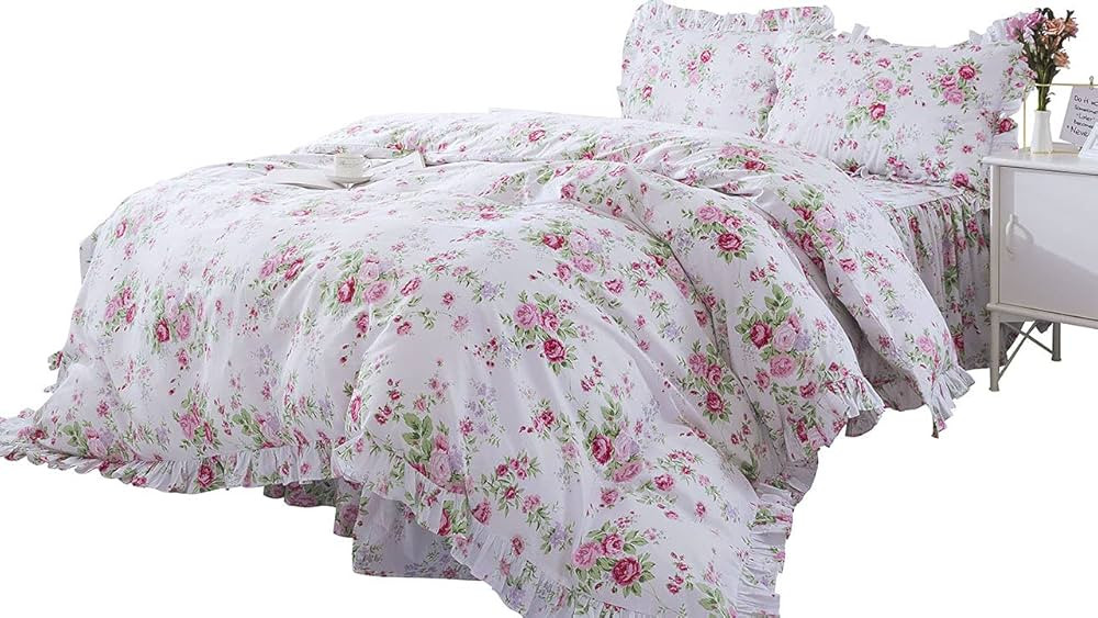 FADFAY Princess Bedding Cotton 600 TC Girls Floral Duvet Cover Bulgaria Rose & Green Leaves Print... | Amazon (US)