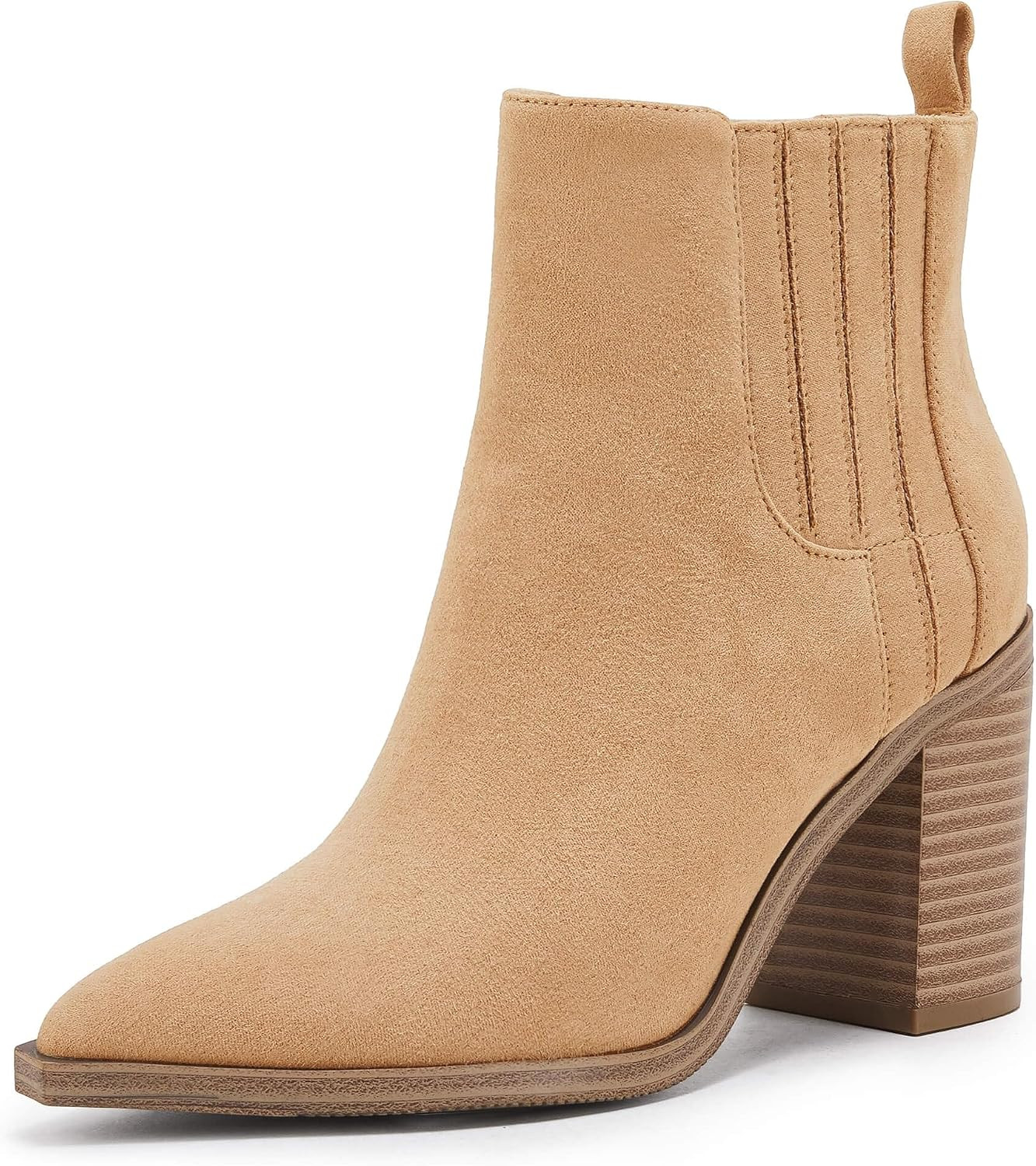 Womens Ankle Boots Slip on Pointed Toe Chunky Block Mid Heel Leather Elastic Panel Casual Chelsea Western Booties | Amazon (US)