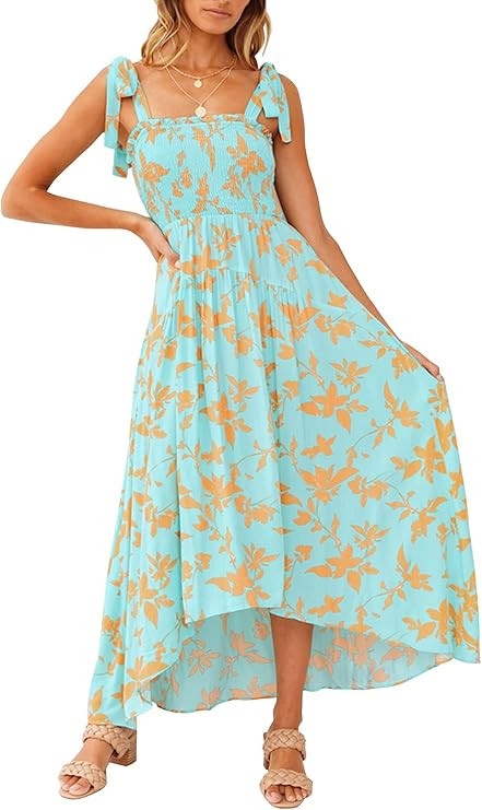 ZESICA Women's Summer Boho Spaghetti Strap Square Neck Solid Color Ruffle A Line Beach Long Maxi ... | Amazon (US)