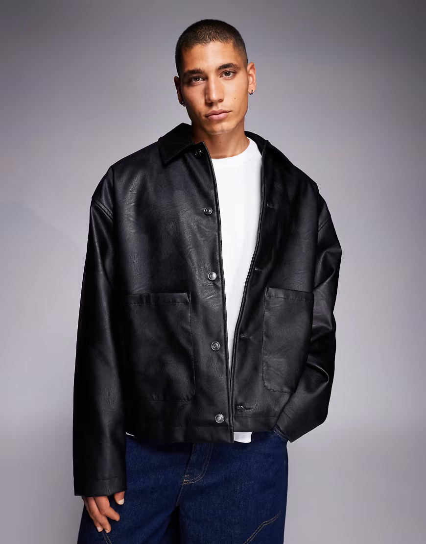 ASOS DESIGN oversized jacket in faux leather with cord collar in black | ASOS (Global)