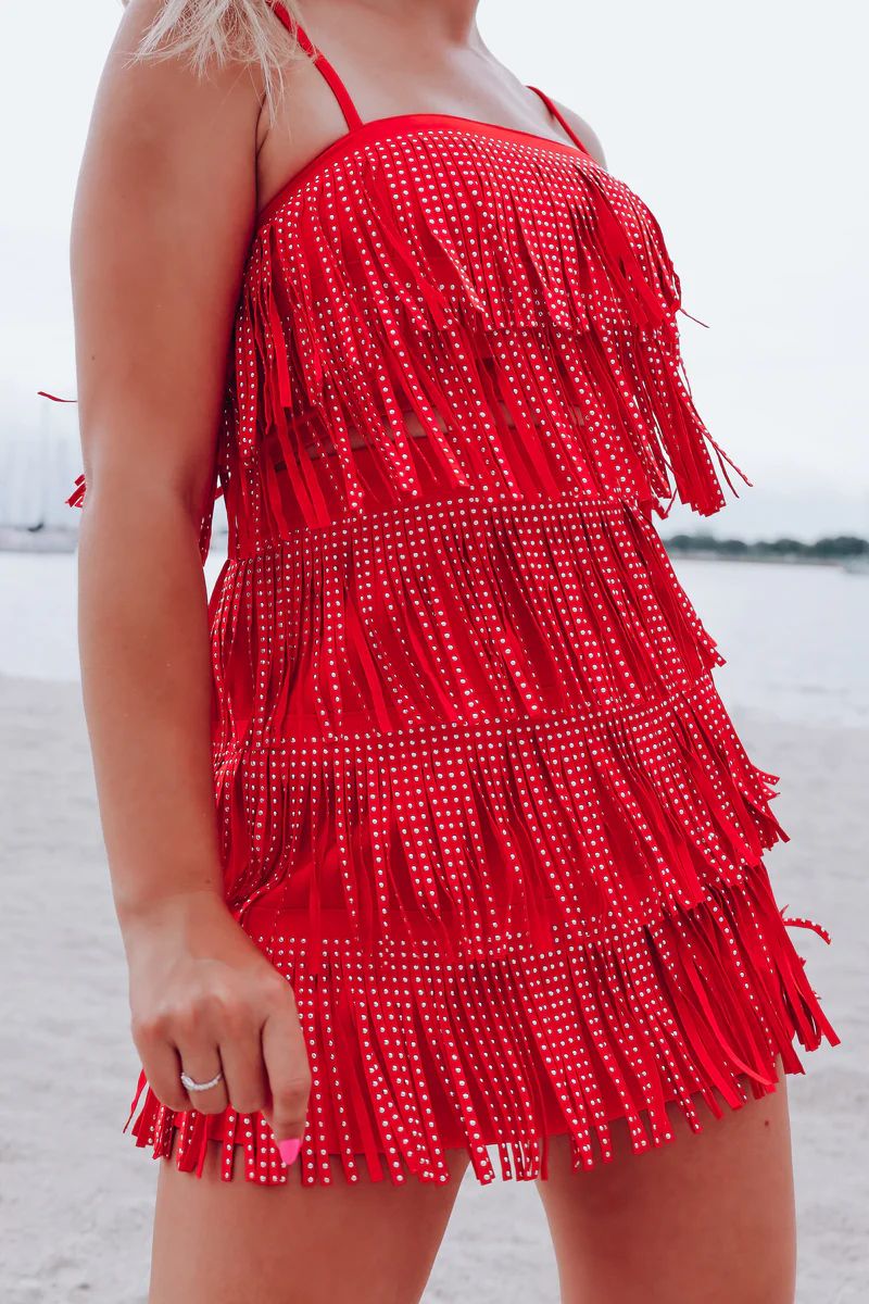 Rowdy Studded Fringe Mini Skirt - Red | Whiskey Darling Boutique