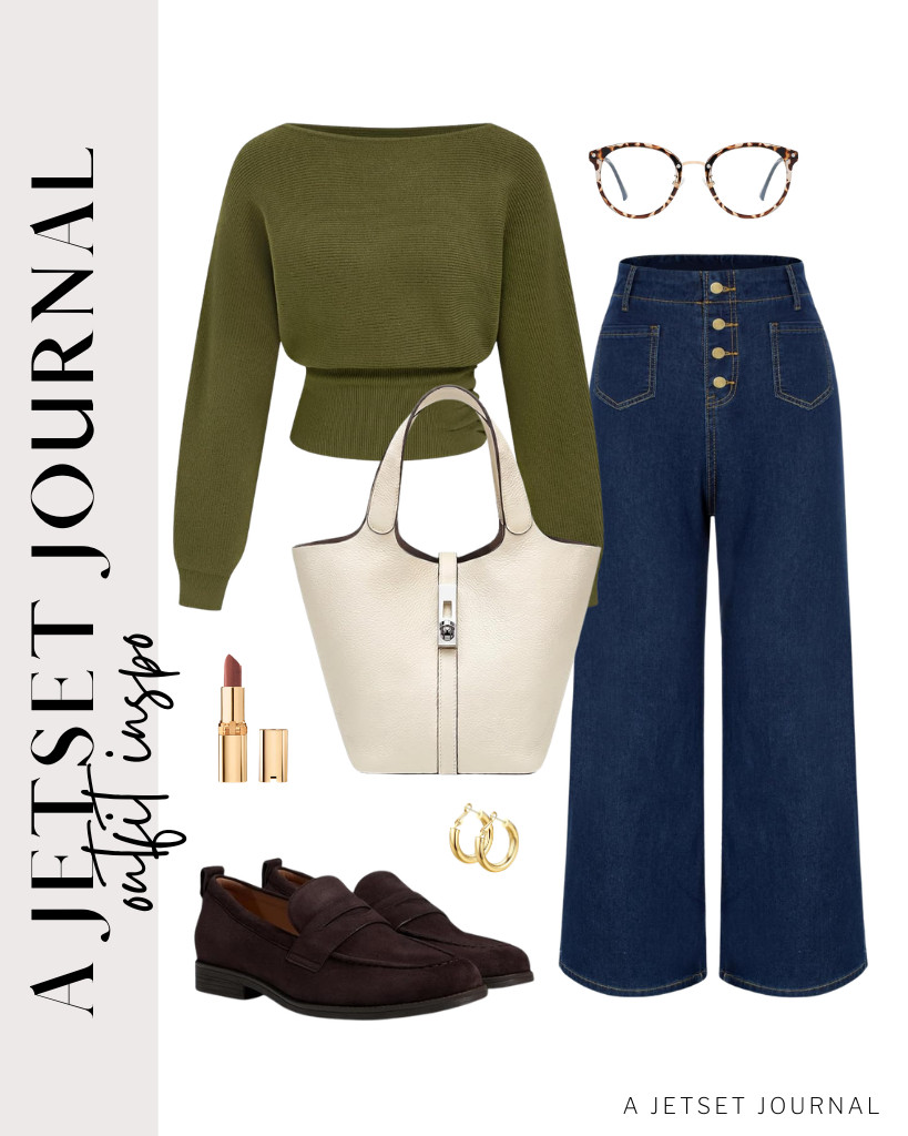 For an olive-green CIDER boat-neck top paired with these jeans from Belle Poque, wear these Cole Haan Stassi loafers and use this stylish top-handle handbag from MYEVAA. Add these gold hoop earrings and finish the look with L'Oréal Paris Colour Riche Satin Lipstick. 

 #LTKSeasonal #LTKSaleAlert #LTKTravel