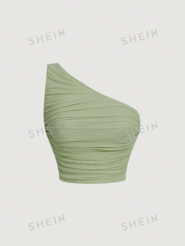 SHEIN MOD One Shoulder Ruched Waist Slim Fit Green Mesh Top | SHEIN