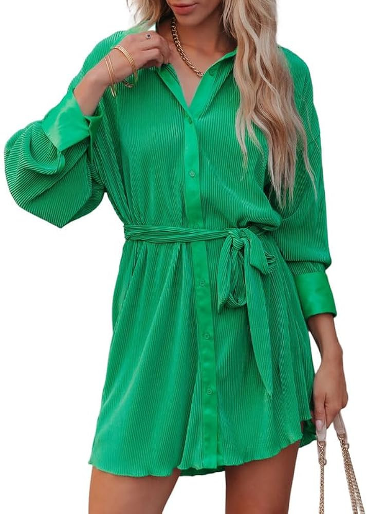 Dokotoo Womens 2024 Spring Collared V Neck Button Down Dresses Long Sleeve Tie Waist Pleated Casu... | Amazon (US)