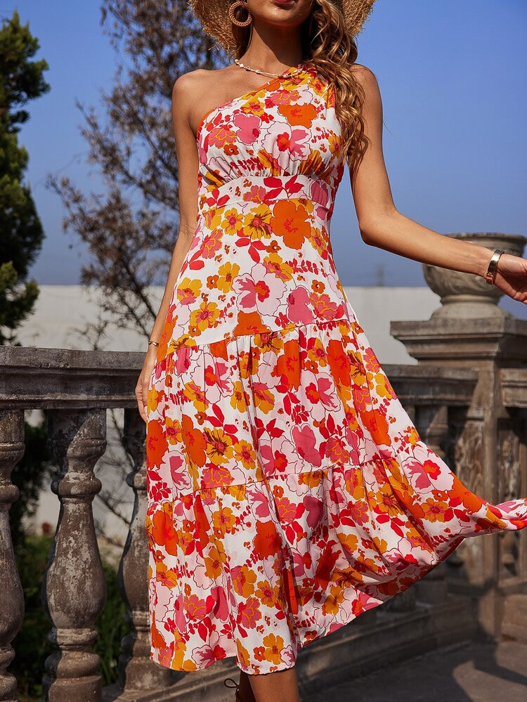Allover Floral Print Ruffle Hem One Shoulder Dress | SHEIN