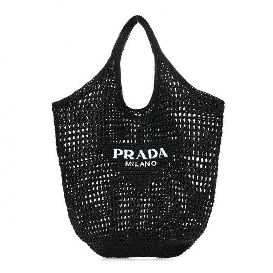 PRADA Raffia Embroidered Logo Shopping Bag Black | FASHIONPHILE (US)