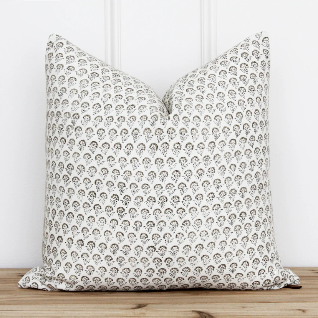 Beige Floral Hand Block Pillow Cover | Botanical Floral Pillow Cover | Indian Block Printed Pillo... | Etsy (US)