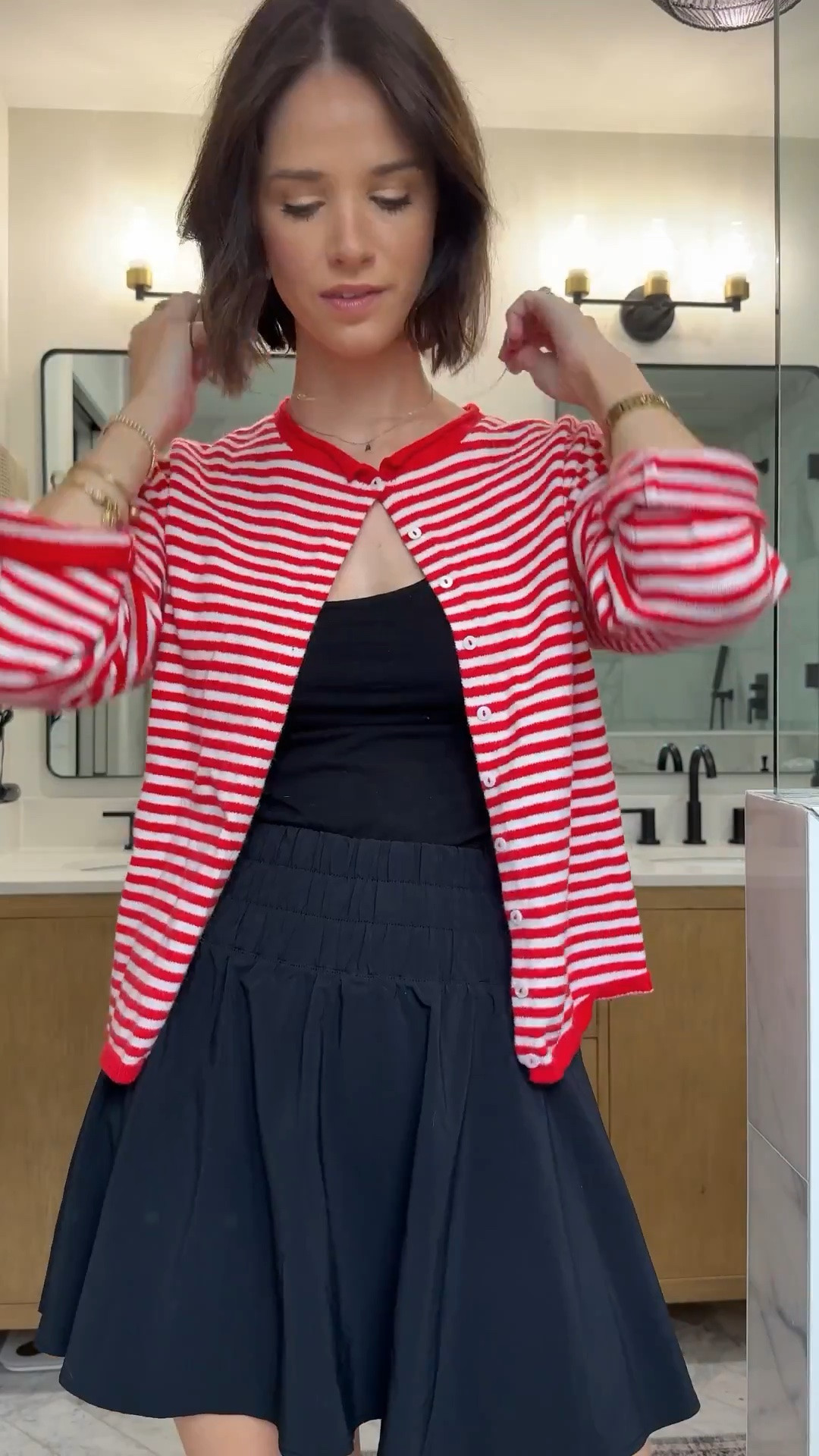Skort: wearing m 
Tank 
Stripe cardigan: wearing s 
Jellies: run big!! 

Disney outfit // Mickey Mouse birthday // Disney world // Disneyland // nursing mom // Hallie ragan