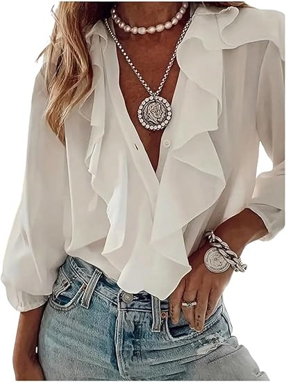 GORGLITTER Women's Ruffled Top Blouses Dressy Business Casual Button Up Long Sleeve V Neck Shirts... | Amazon (US)