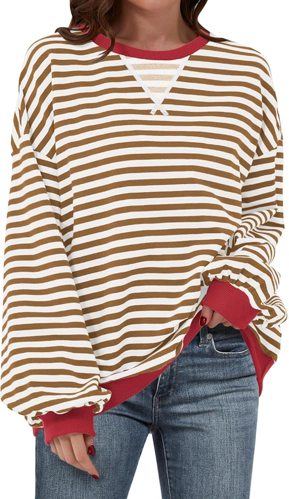 ANRABESS Women Striped Sweatshirts Oversized Crewneck Long Sleeve Shirts Y2K Pullover Top 2025 Fa... | Amazon (US)