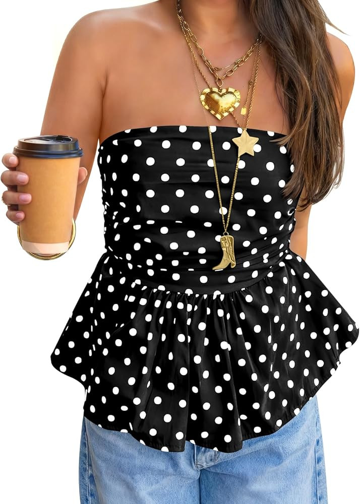 Tankaneo Womens Strapless Polka Dot Tube Tops Cute Backless Peplumn Ruffle Hem Bandeau Top Slim F... | Amazon (US)