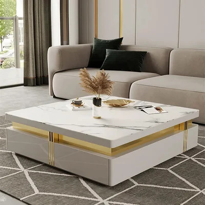 Trimied 43" Modern White Square Storage Coffee Table Stone Top with 4 Wood Drawers-Homary | Homary