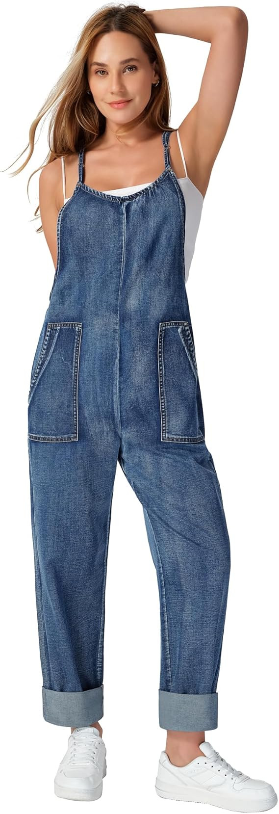 roswear Women's Denim Overalls Thin Sleeveless Jumpsuits with Adjustable Strap Cuffed Hem | Amazon (US)