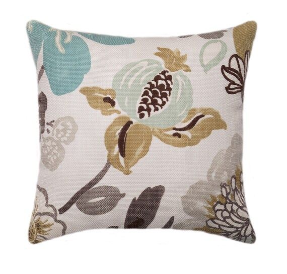 Floral Throw Pillow, Braemore Gorgeous Pearl Floral Decorative Throw Pillow in Taupe, Brown, Blue | Etsy (US)