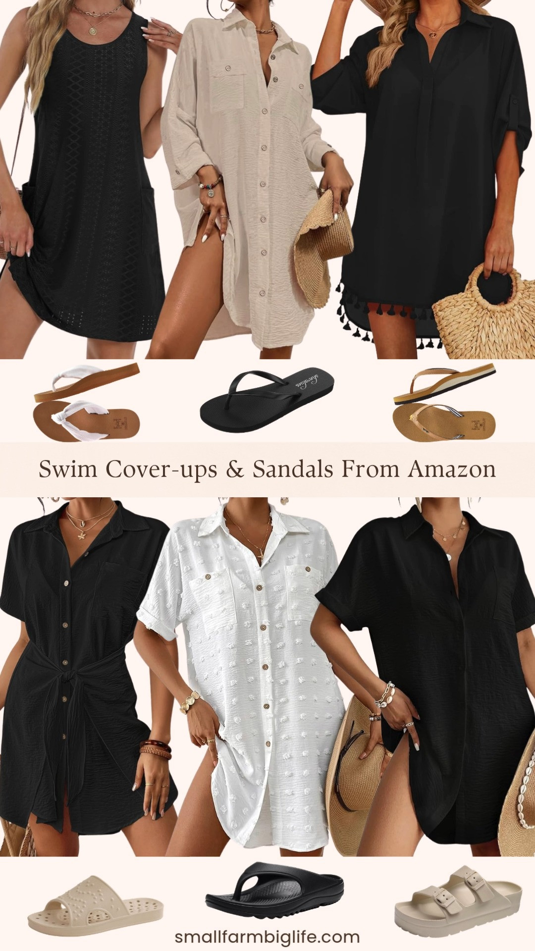 Swim cover ups and sandals from Amazon and this round up has everything you need for beach and pool days this summer 🌴☀️ A beige button down shirt dress swimsuit cover up, a black short sleeve button down tie beach shirt cover up, a black button down shirt dress bathing suit cover up, a white swiss dot button down beach shirt cover up, a black button front swimsuit cover up shirt, and a black eyelet loose sleeveless sundress with pockets that works beautifully as a cover up or a casual everyday dress. And for sandals: white and tan flip flops with arch support, beige quick drying pool slides, beige two strap platform sandals with arch support, black slim flip flops, black women's arch support flip flops, and tan women's arch support flip flops. So many great options for keeping your feet comfortable and supported all day long at the beach or pool. Everything in this round up is from Amazon at amazing prices and all linked and ready to shop! 🛒🌴 

 #LTKSeasonal #LTKOver40 #LTKTravel
