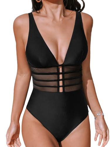 CUPSHE Women's One Piece Swimsuit Tummy Control Bathing Suit Deep V Neck Cut Out Mesh Adjustable Straps, M Black | Amazon (US)