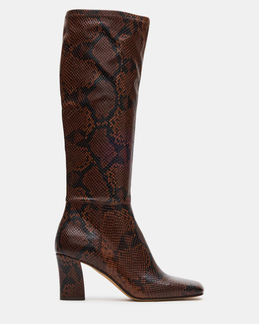 ELLIOT Brown Snake Square-Toe Knee-High Block Heel Women's Boot | Steve Madden (US)