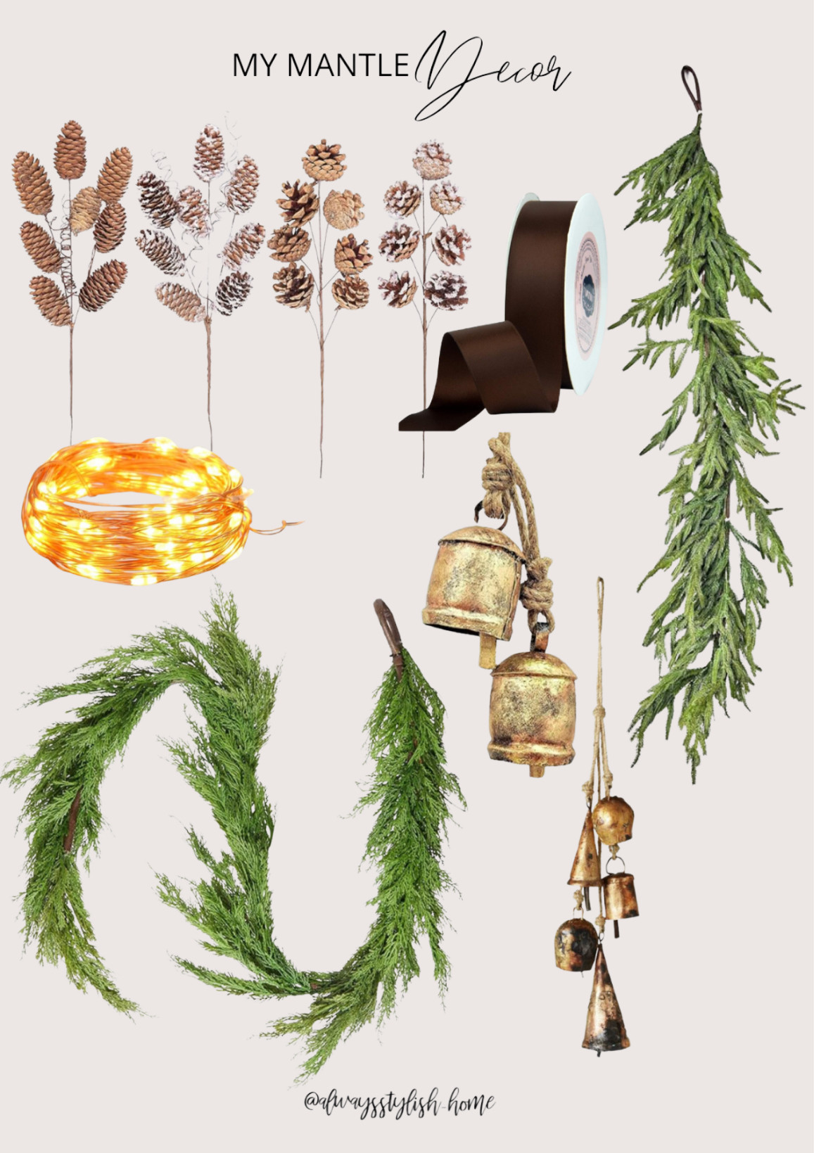 What I used on my mantle last year! Christmas mantle decor, pinecone stems, norfolk pine garland, cedar garland, gold rustic bells, fairy lights, brown satin ribbon. Holiday decor. | Amazon (US)