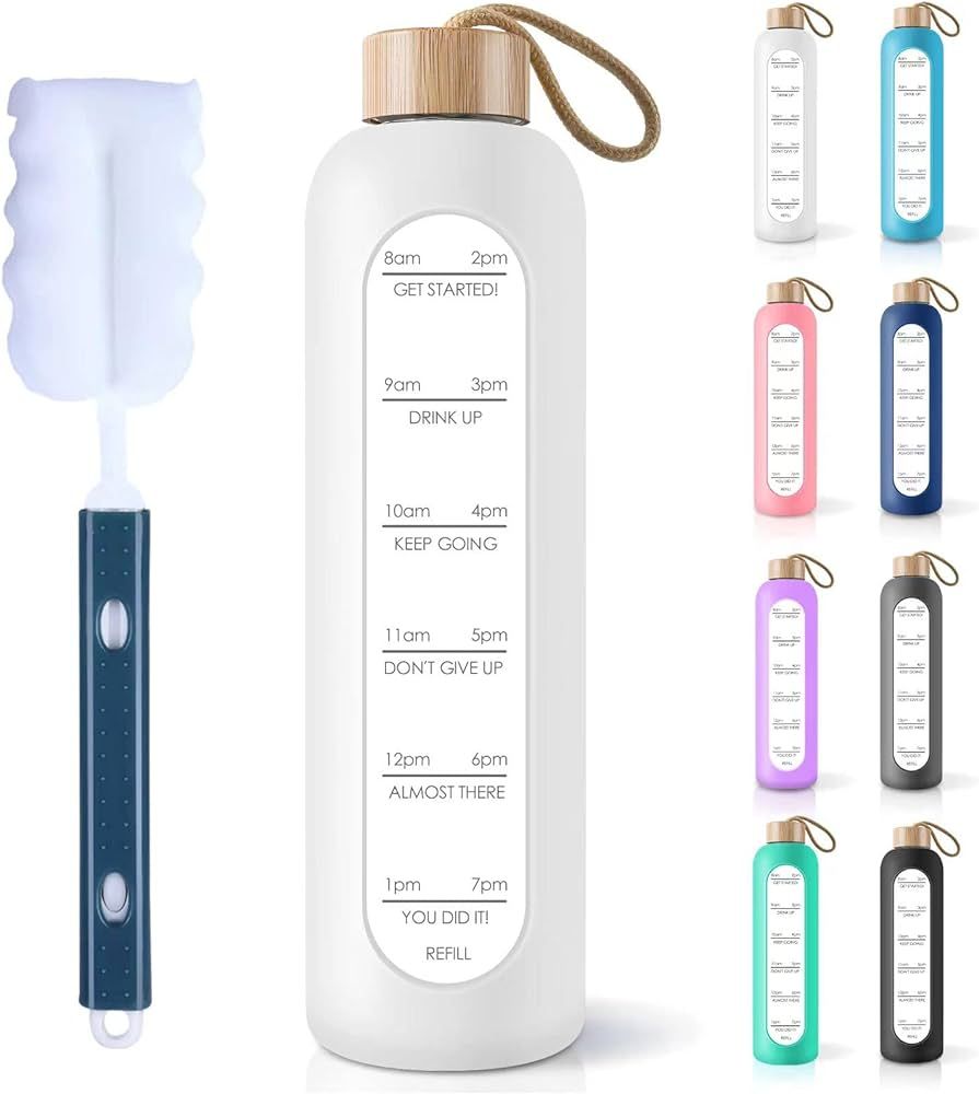 PROBTTL 32 Oz Borosilicate Glass Water Bottle with Time Marker Reminder Quotes, Leak Proof Reusab... | Amazon (US)