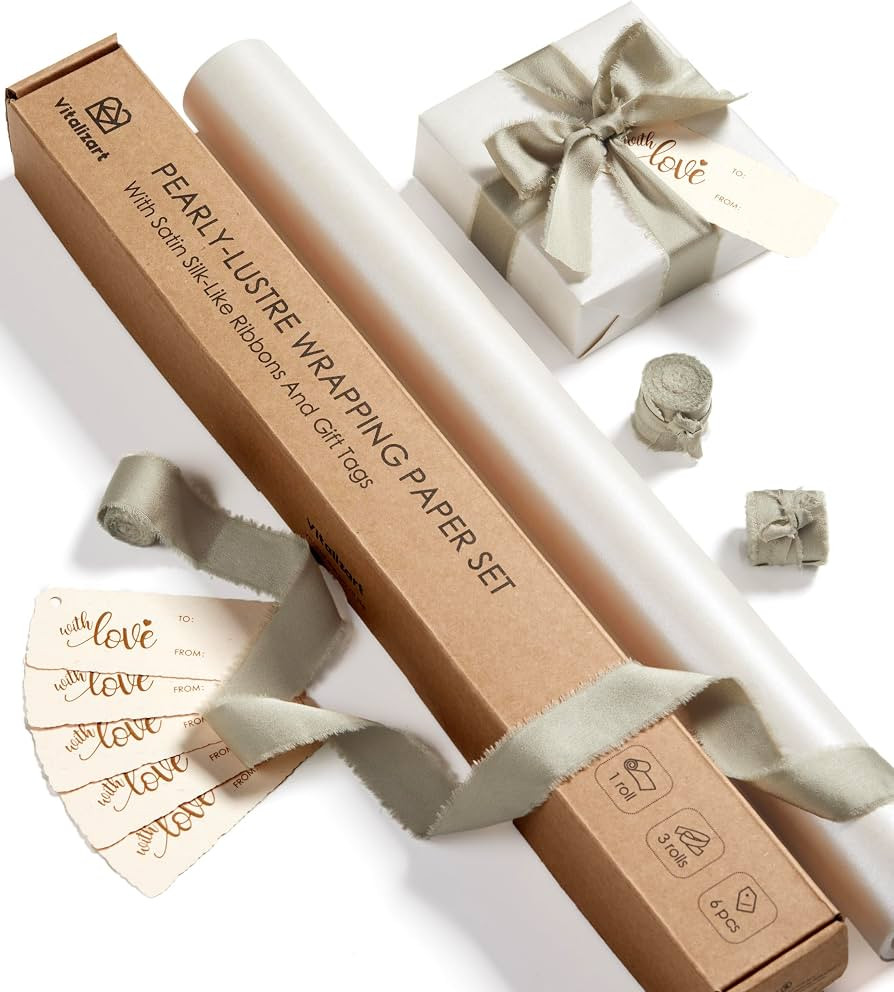 Vitalizart White Wrapping Paper Set 17" Pearly-Lustre Ribbons & Gift Tags | Amazon (US)