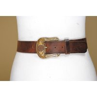 Chocolate Brown Leather Belt Carved Brass Buckle, Western Cowgirl Style | Etsy (US)