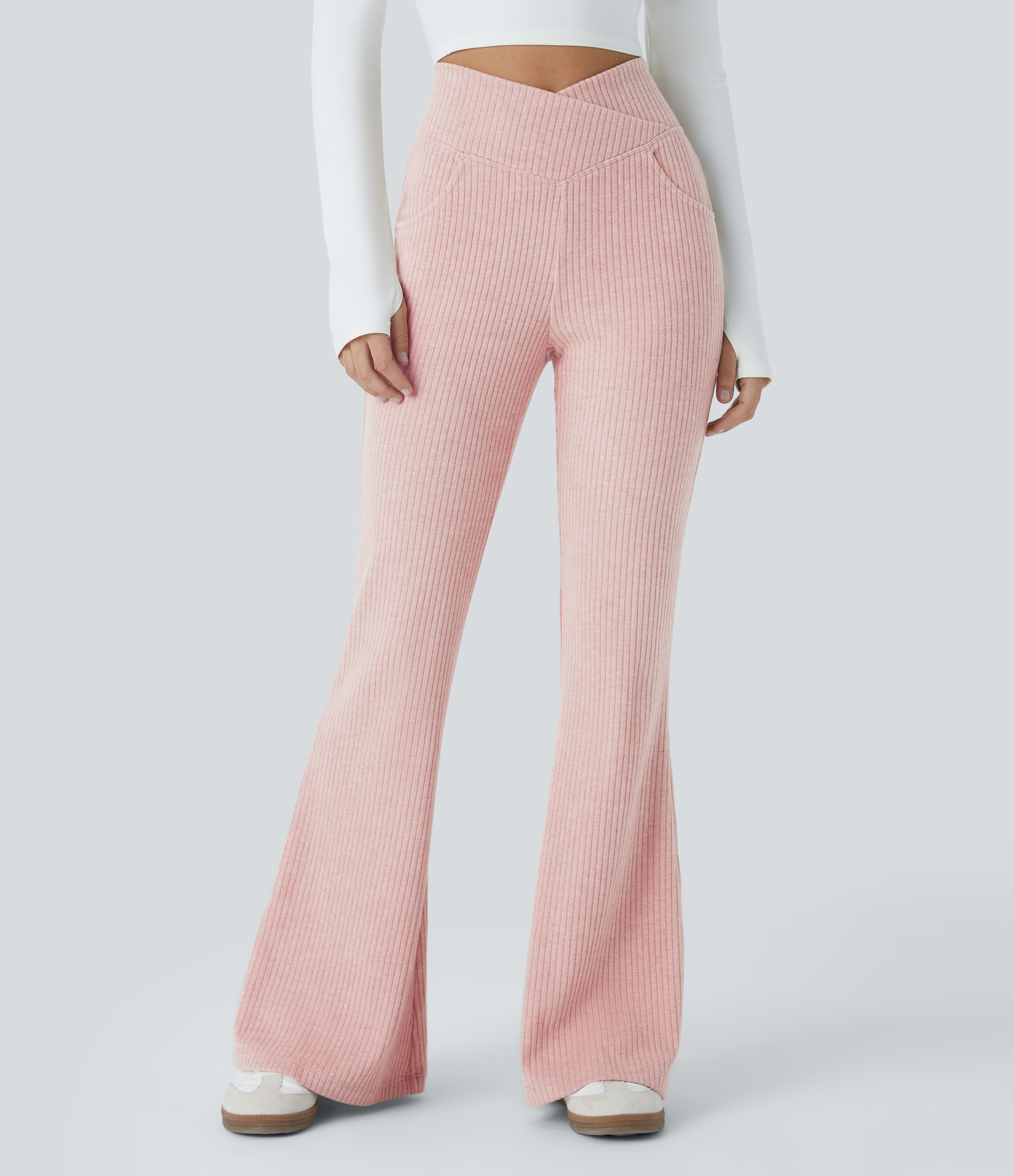Halara Ribbed Knit Crossover High Waisted Pocket Casual Flare Pants - Peachskin - S(regular) sweatpants jogger pants stacked sweatpants | HALARA
