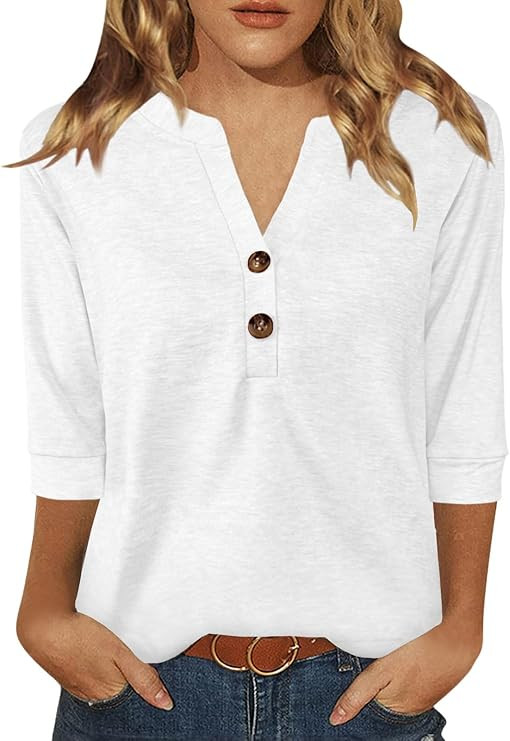 Womens Tops 3/4 Sleeve V Neck Button Down Shirts Business Casual Outfit Basic Tees Summer Top 202... | Amazon (US)