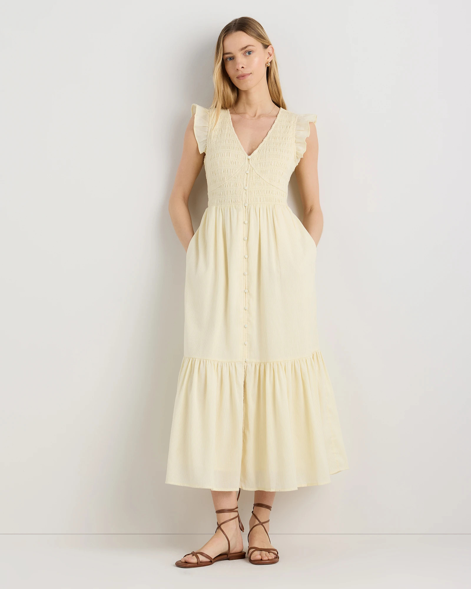 Organic Textured Cotton Smocked V-neck Midi Dress in Navy | Quince