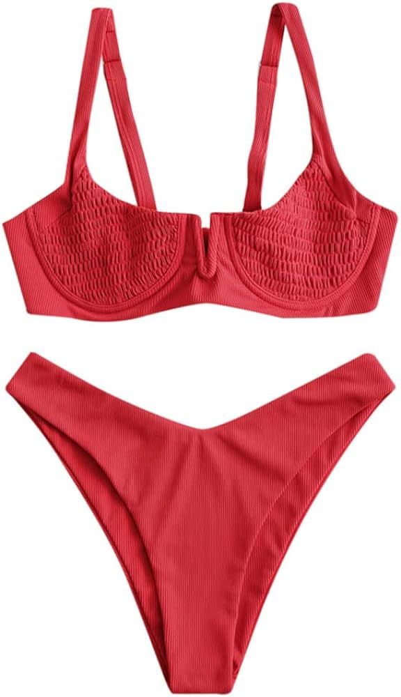 ZAFUL Women's Ribbed Underwire Bikini Set High Cut V Notch Smocked Swimwear Printed High Leg Swim... | Amazon (US)