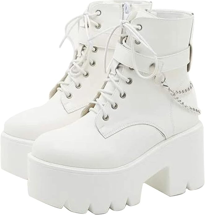 CYNLLIO Fashion Block Heel Platform Combat Ankle Booties Women's Lace up Studded Motorcycle Boots... | Amazon (US)