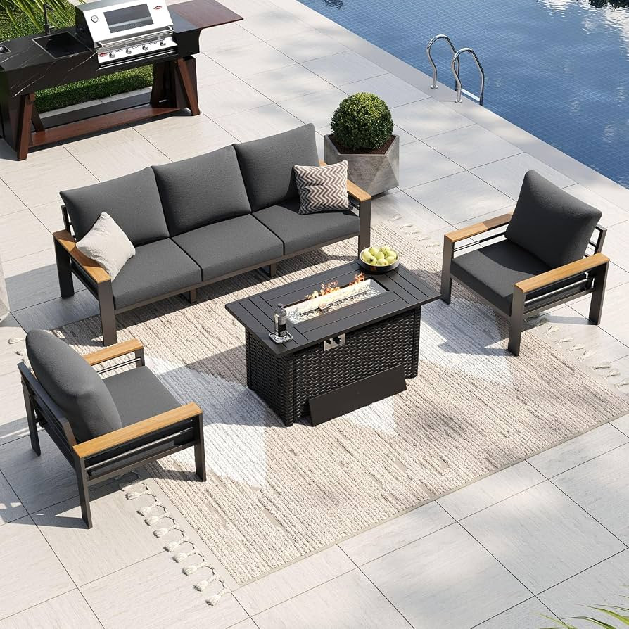 Aoxun Patio Furniture Set, Aluminum Patio Set with Fire Pit Table and 5" Thicken & Washable Cushi... | Amazon (US)
